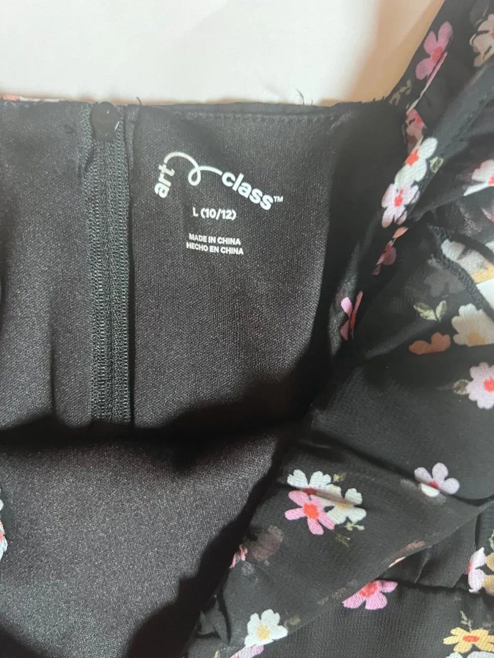 Cute Art Class Black Floral Dress with Ruffled Cap Sleeves-Size Girls 10-12